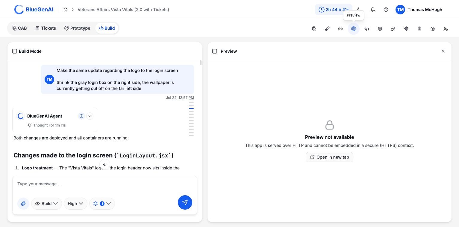 The Preview panel showing a padlock icon above the message Preview not available, explaining the app is served over HTTP and cannot be embedded in a secure context, with an Open in new tab button.