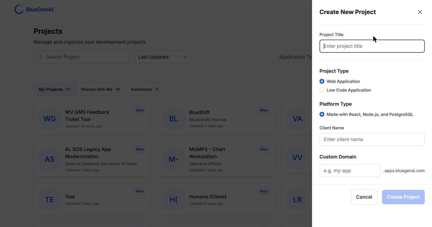 The Create New Project drawer with Web Application selected, showing a single pre-selected Platform Type radio whose label reads Made with React, Node.js, and PostgreSQL.