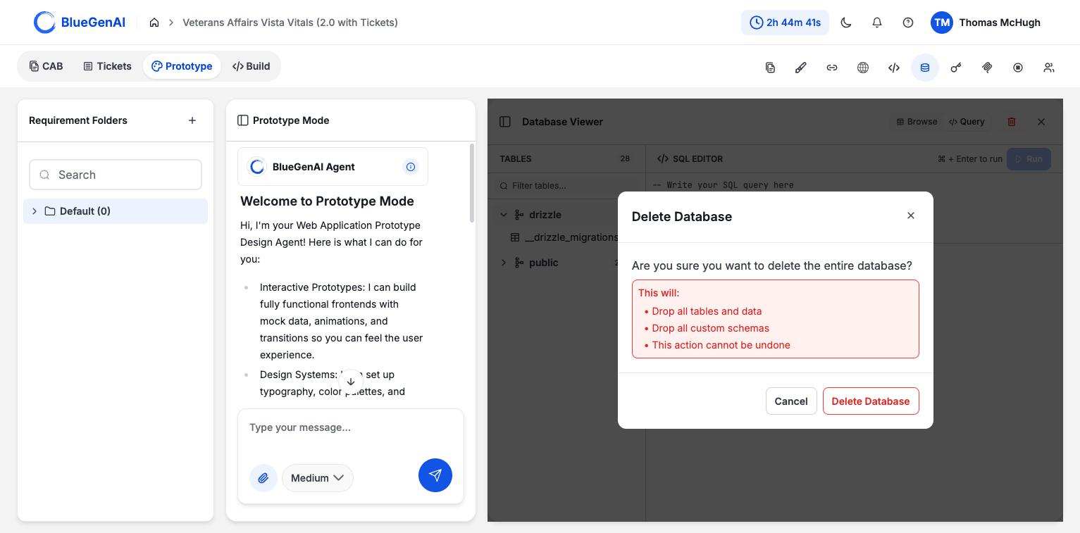 The Delete Database confirmation asking whether to delete the entire database, with a red-bordered box listing that it will drop all tables and data, drop all custom schemas, and that the action cannot be undone, above Cancel and Delete Database buttons.