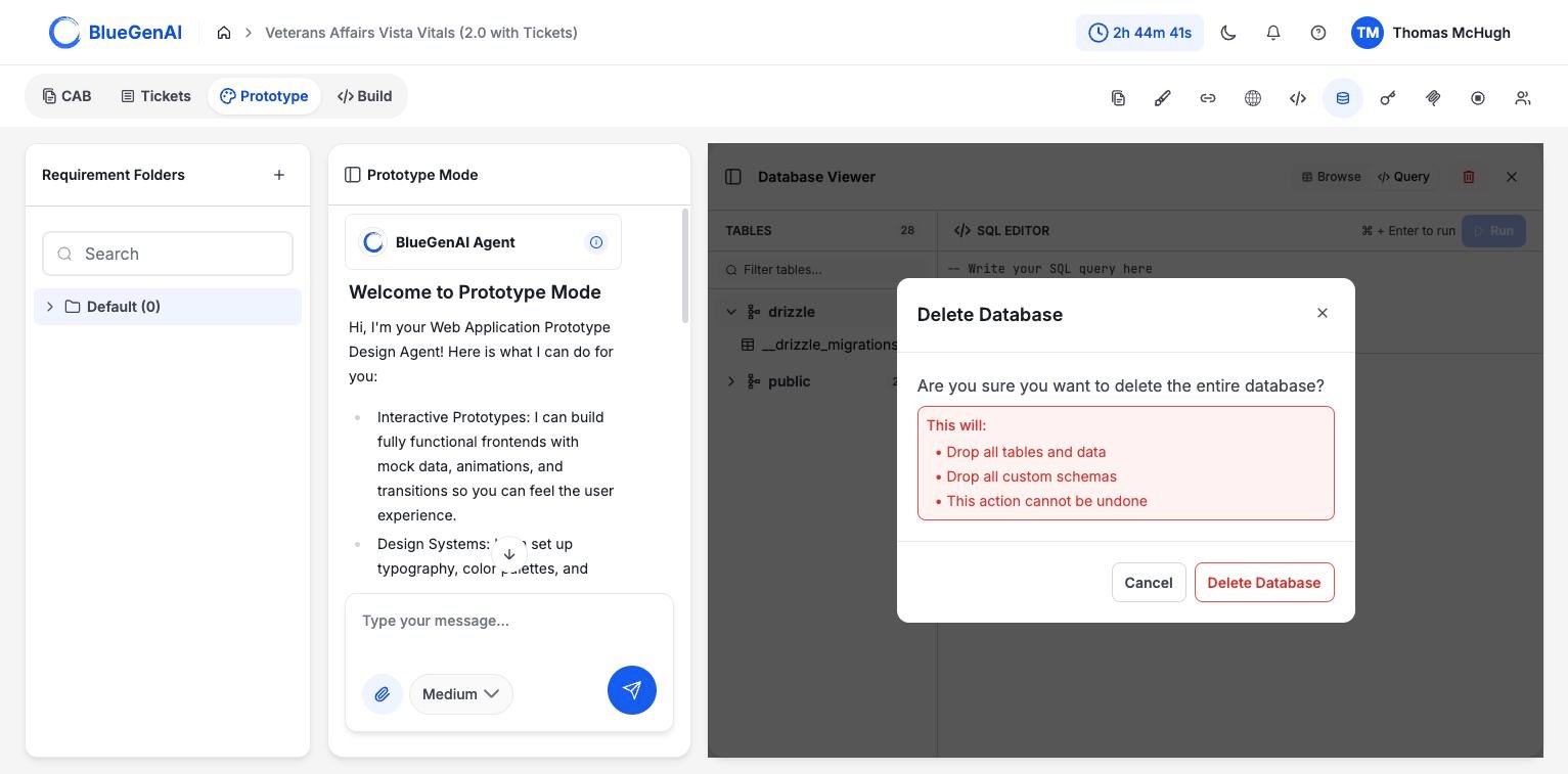 The Delete Database confirmation asking whether to delete the entire database, with a red-bordered box listing that it will drop all tables and data, drop all custom schemas, and that the action cannot be undone, above Cancel and Delete Database buttons.
