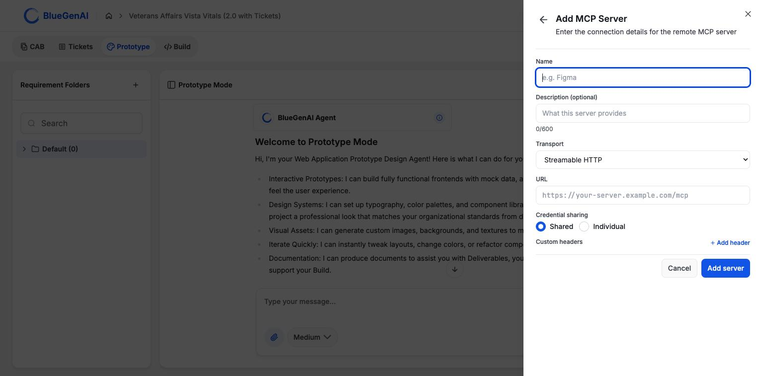 The Add MCP Server form showing fields for Name, an optional Description with a character counter, a Transport dropdown set to Streamable HTTP, a URL field, Credential sharing radios set to Shared, and an Add header link.