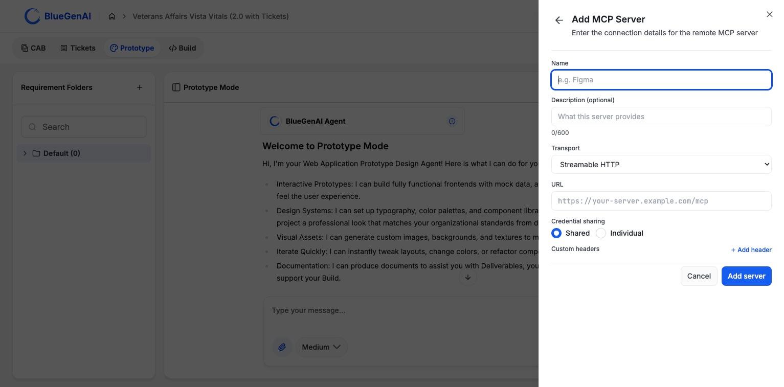 The Add MCP Server form showing fields for Name, an optional Description with a character counter, a Transport dropdown set to Streamable HTTP, a URL field, Credential sharing radios set to Shared, and an Add header link.
