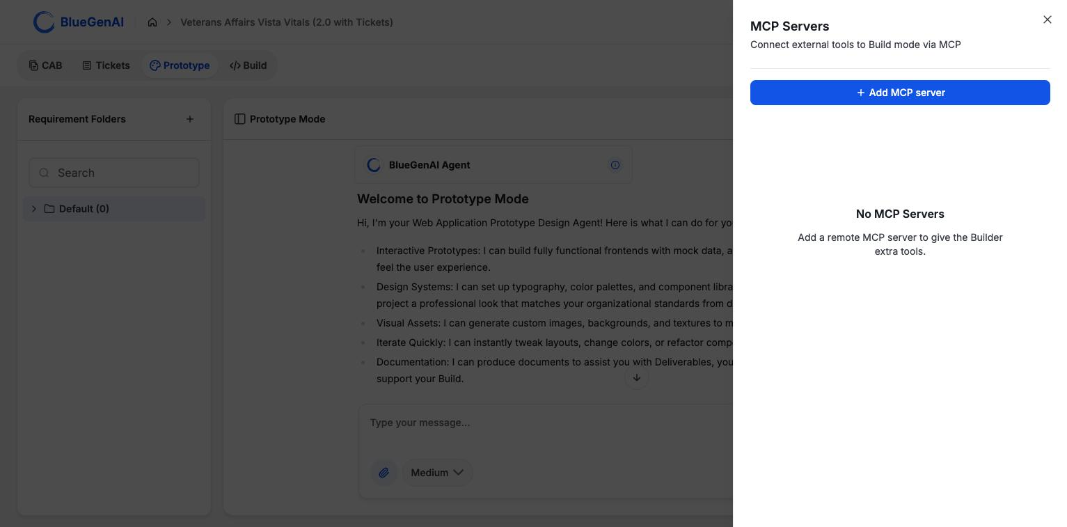 The MCP Servers drawer subtitled Connect external tools to Build mode via MCP, with an Add MCP server button and an empty state reading No MCP Servers.