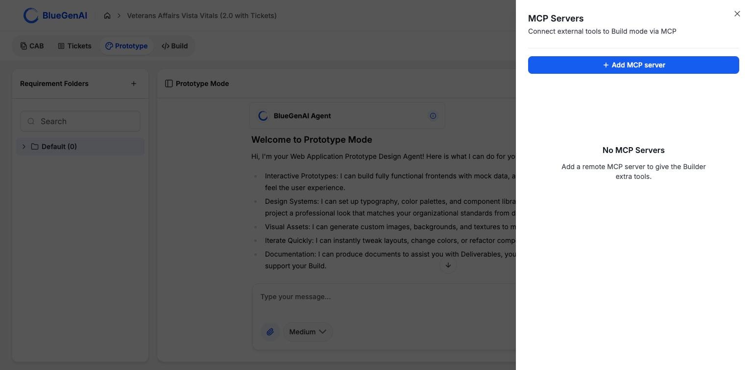 The MCP Servers drawer subtitled Connect external tools to Build mode via MCP, with an Add MCP server button and an empty state reading No MCP Servers.