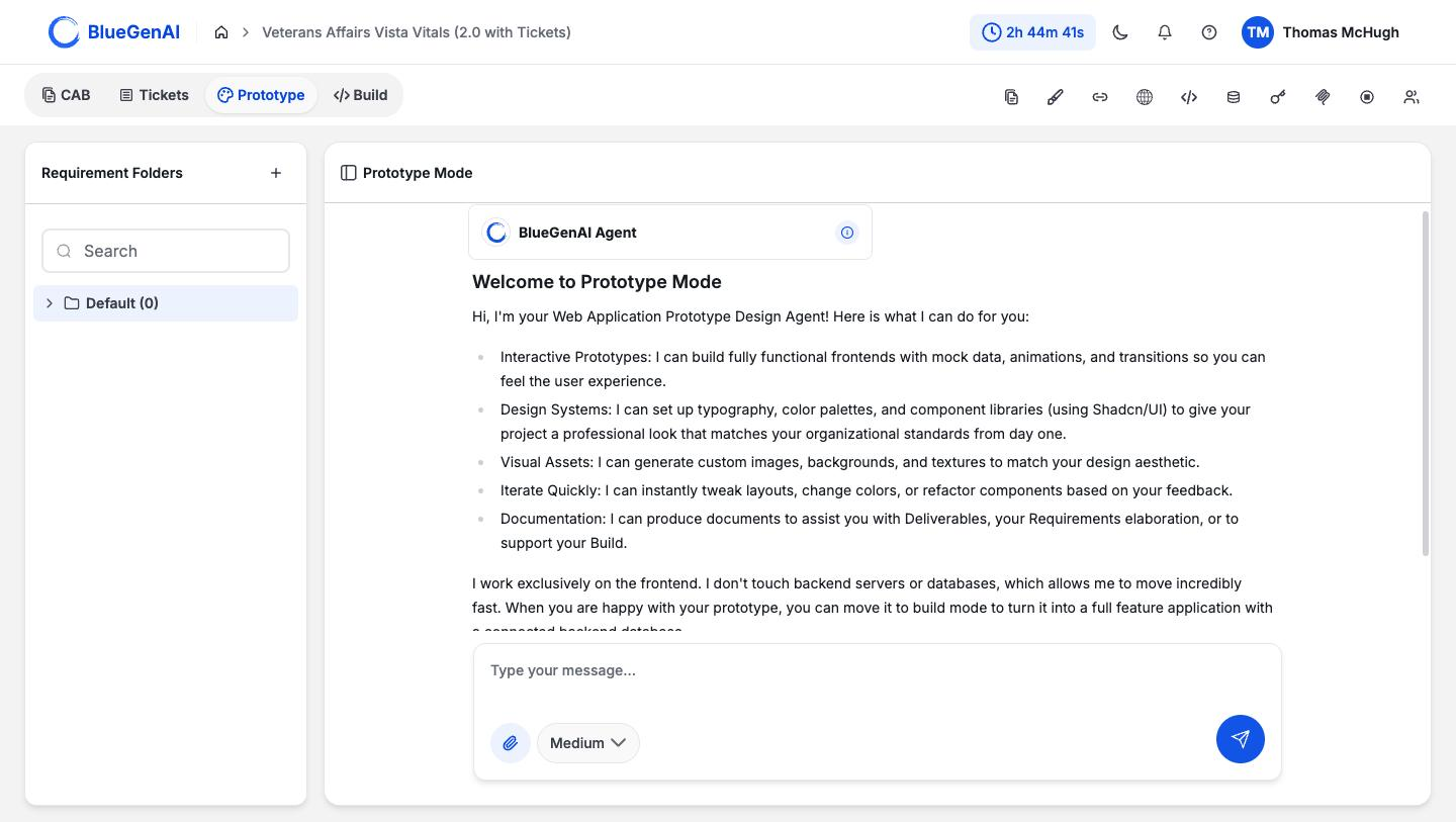 The Prototype Mode workspace showing a Requirement Folders rail containing a single Default folder, a chat panel headed Prototype Mode with the agent's welcome message listing its capabilities, and a message composer at the foot.