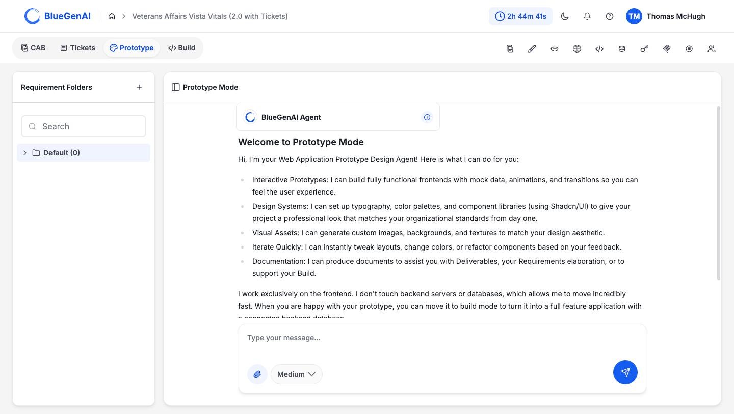 The Prototype Mode workspace showing a Requirement Folders rail containing a single Default folder, a chat panel headed Prototype Mode with the agent's welcome message listing its capabilities, and a message composer at the foot.