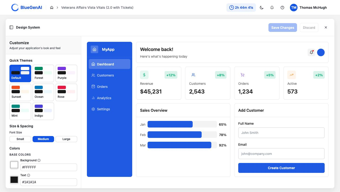 The Design System overlay showing Quick Themes swatches, a font size selector, and colour controls on the left, beside a live preview of a sample application that re-renders as settings change.