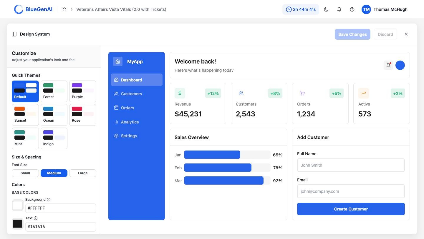 The Design System overlay showing Quick Themes swatches, a font size selector, and colour controls on the left, beside a live preview of a sample application that re-renders as settings change.