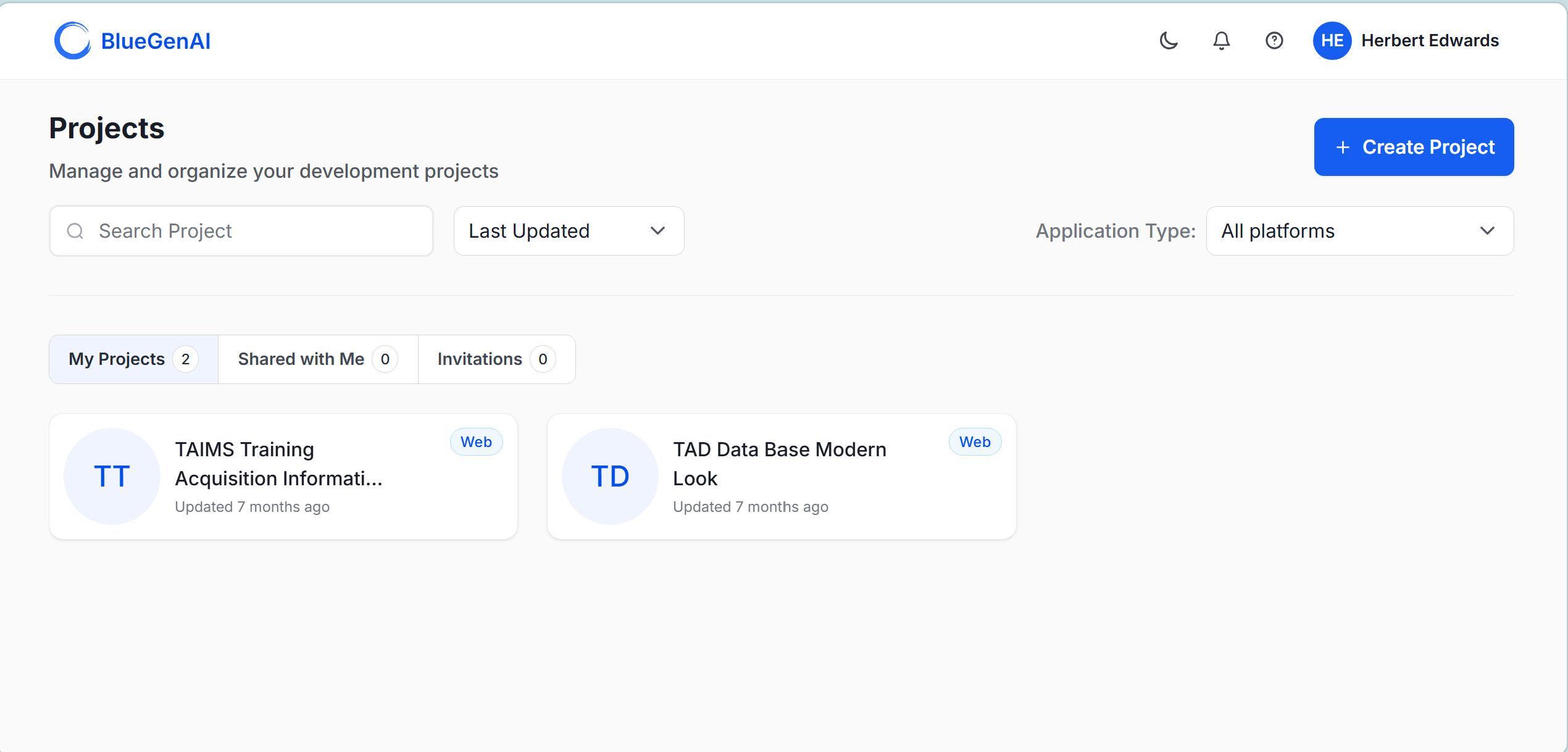 The BlueGenAI Projects dashboard showing My Projects, Shared with Me, and Invitations tabs with two project cards visible