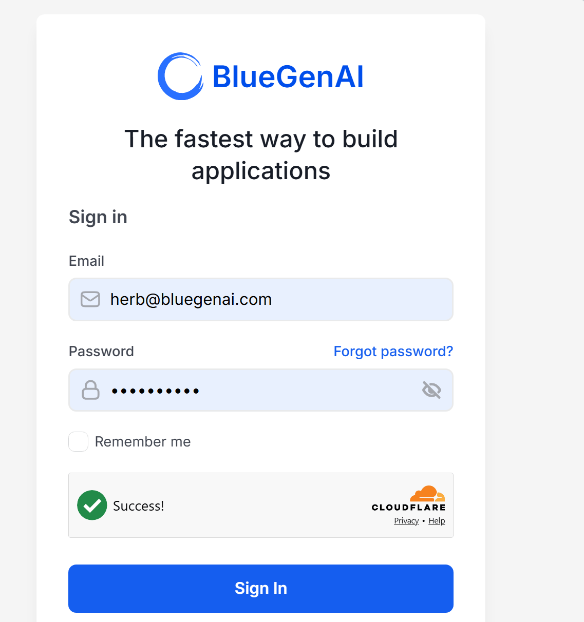 The BlueGenAI login screen showing Email, Password, Remember me, and Sign In fields