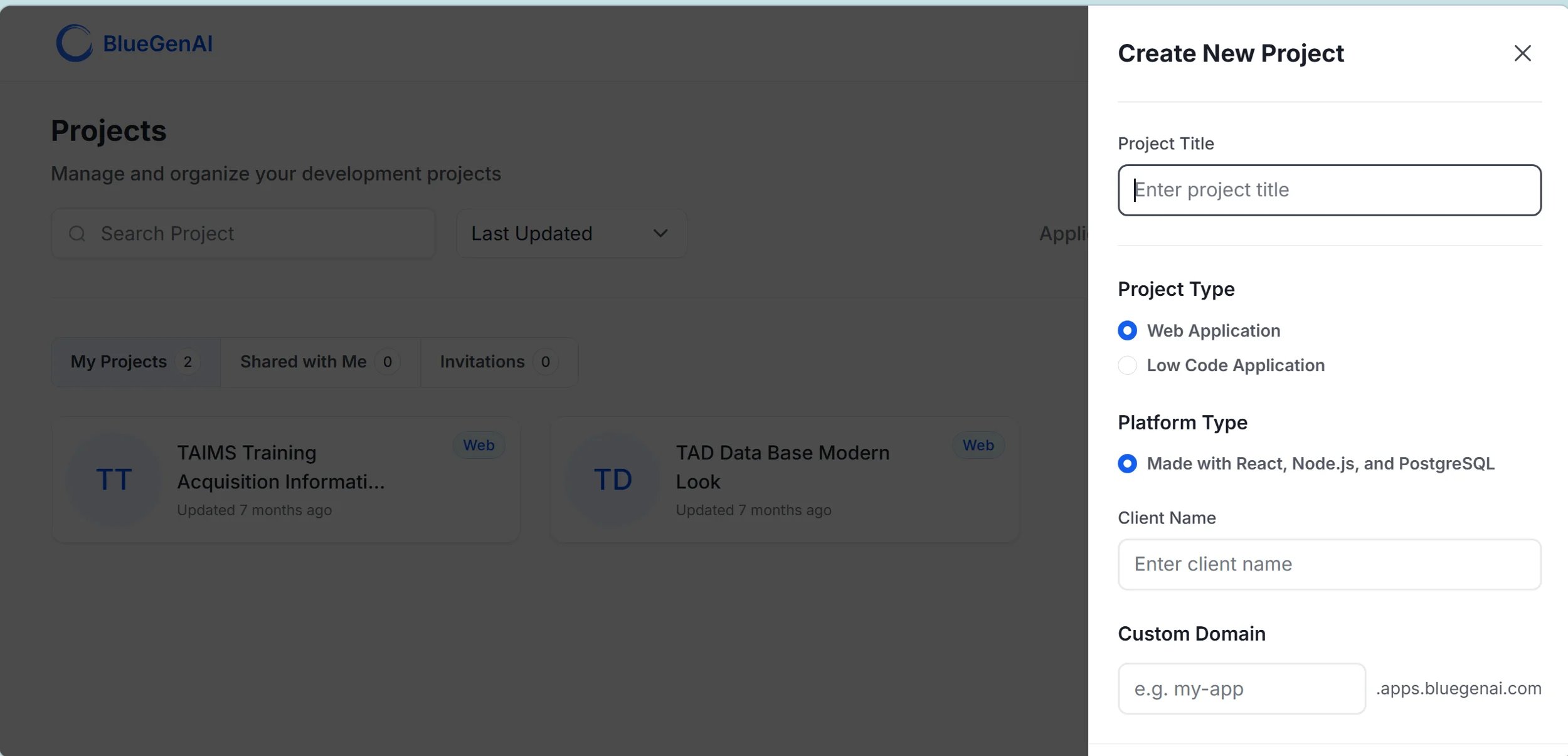 The Create New Project dialog showing Project Title, Project Type, Platform Type, Client Name, and Custom Domain fields