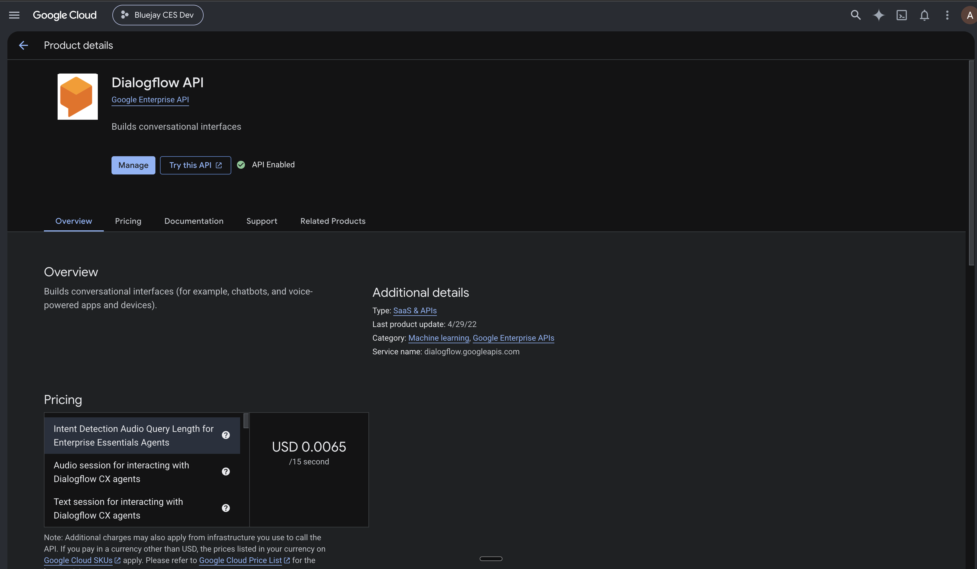 Dialogflow API enabled in the Google Cloud console