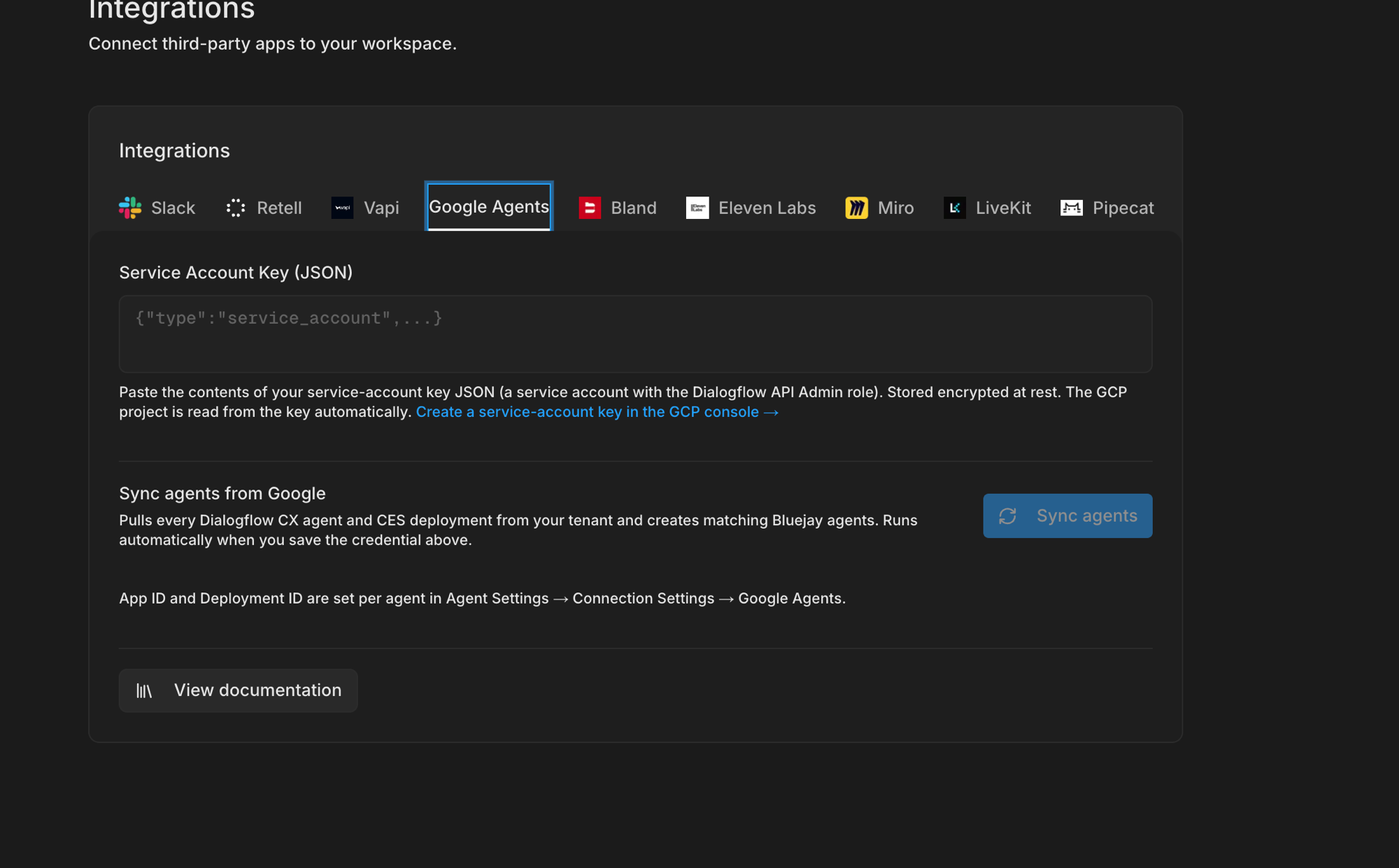Paste the service-account key in the Google Agents integration
