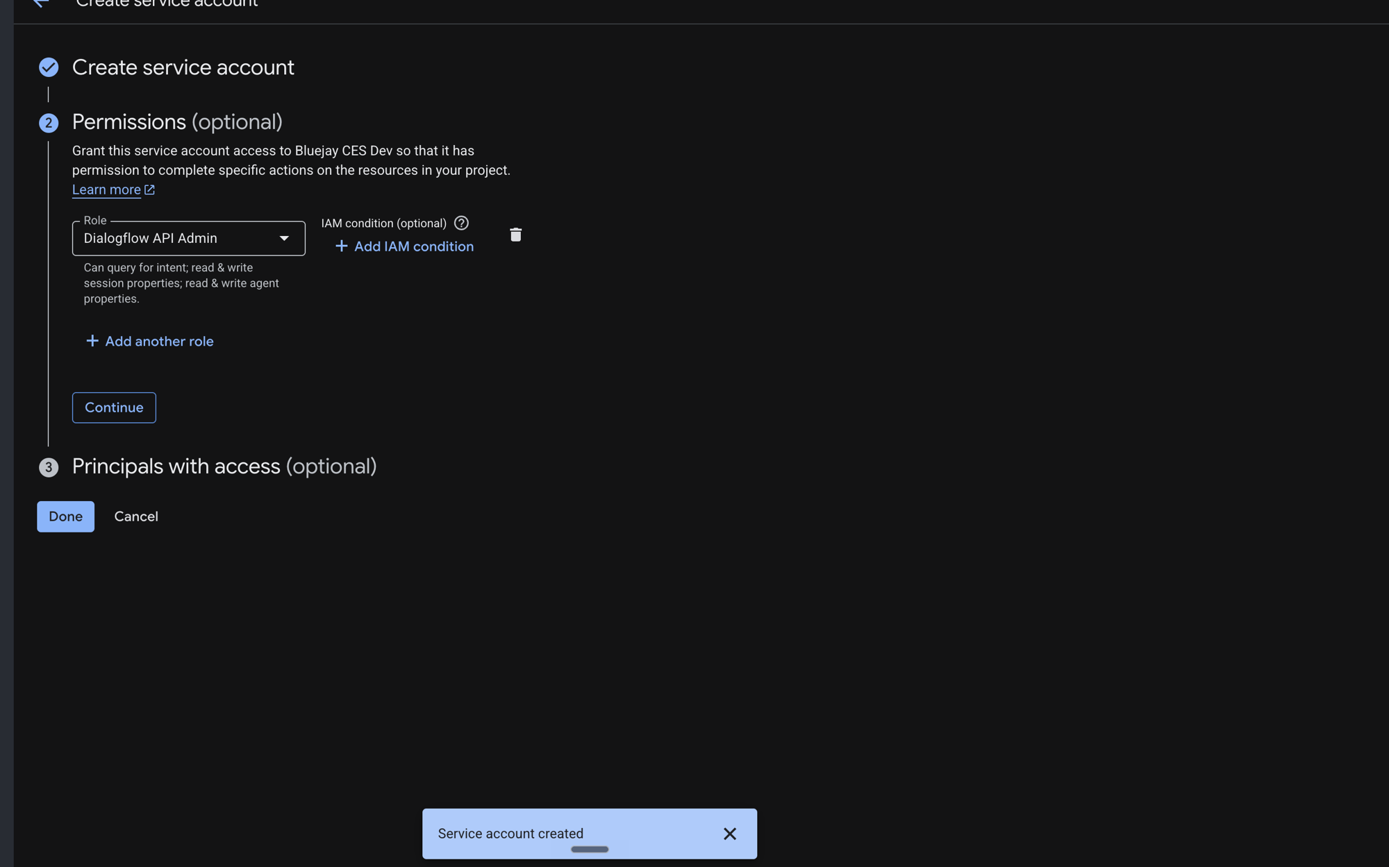 Grant the custom role to the service account