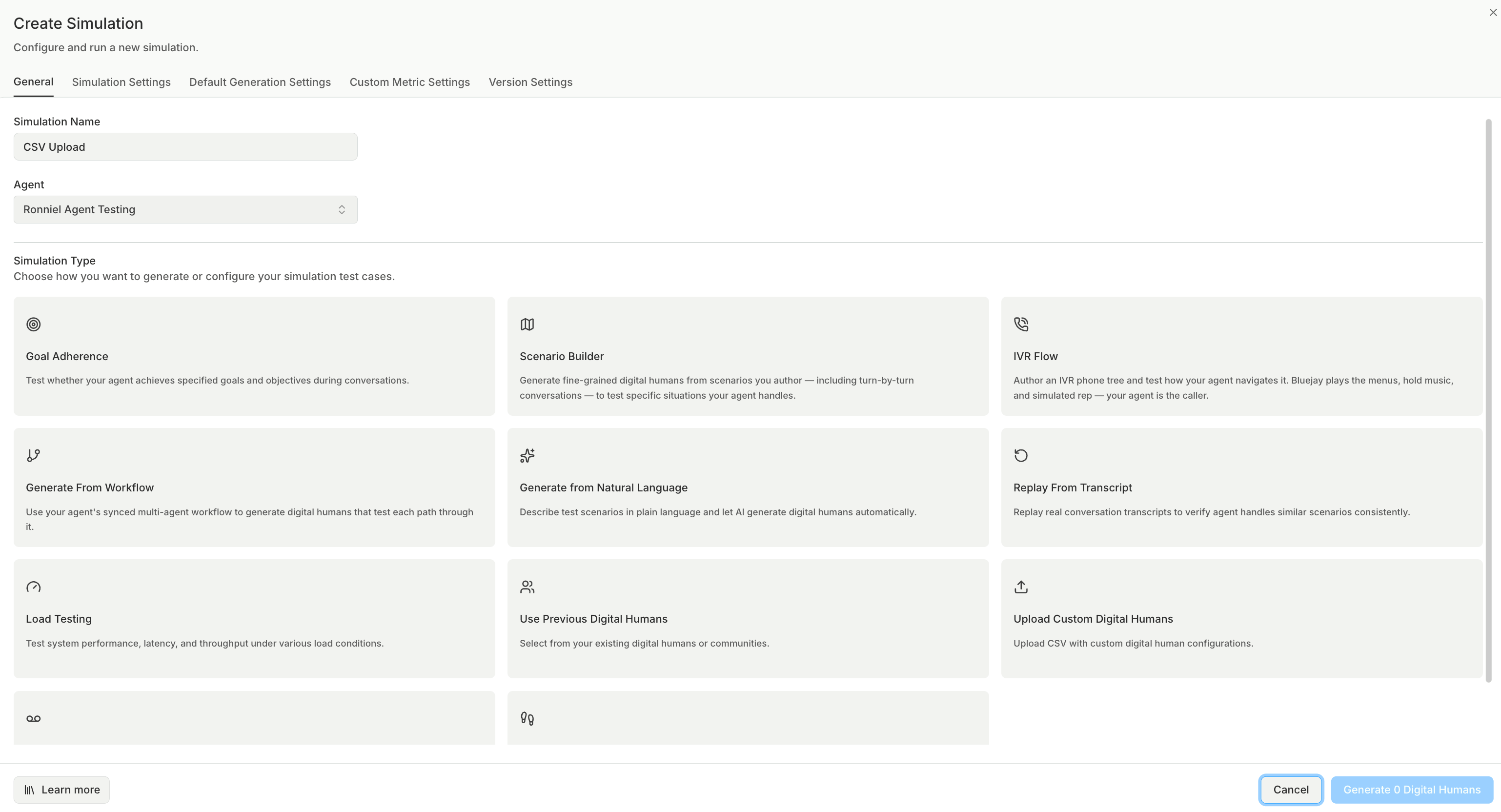 Upload Custom Digital Humans card on the Create Simulation modal