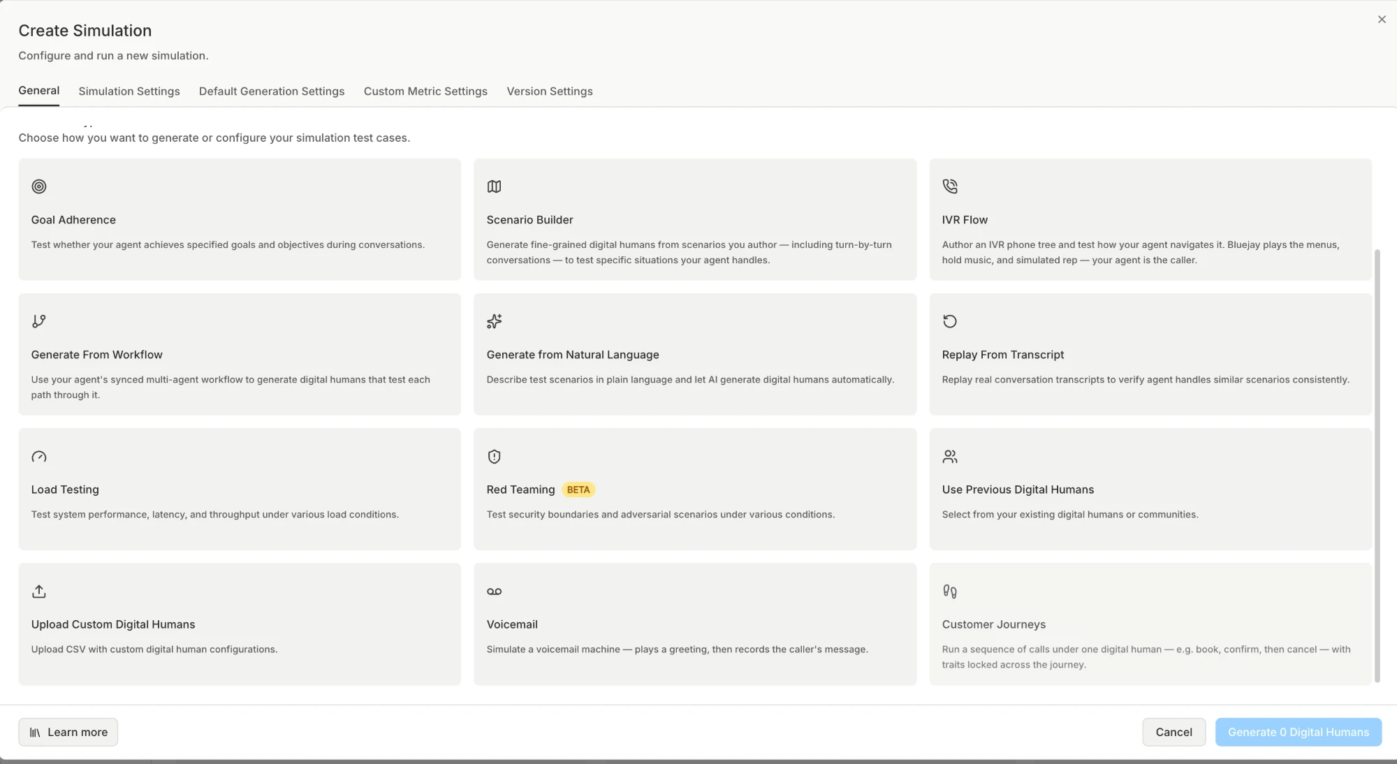 Customer Journeys card on the Create Simulation modal