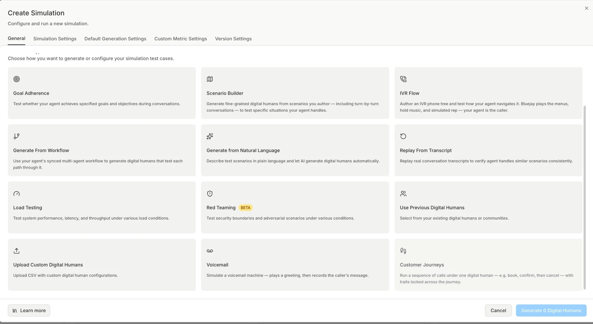 Customer Journeys card on the Create Simulation modal