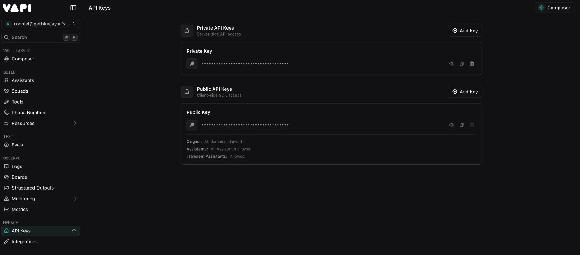 Vapi API keys