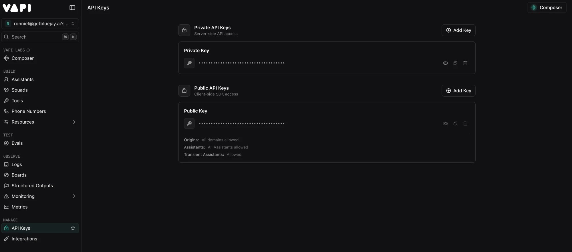 Vapi API keys