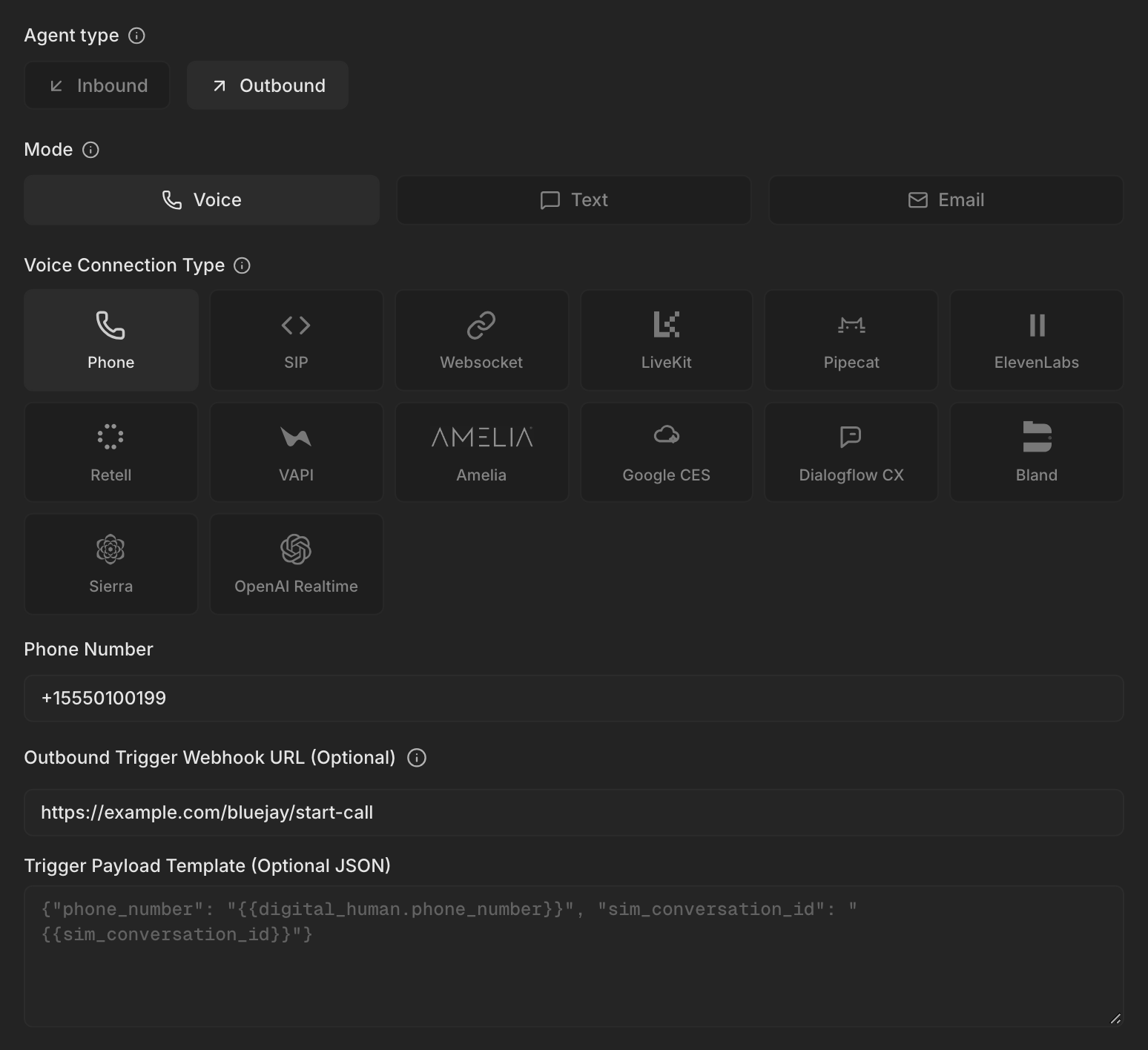 The Connect Your Agent dialog for an Outbound Phone agent, with an Outbound Trigger Webhook URL entered and the Trigger Payload Template field below it
