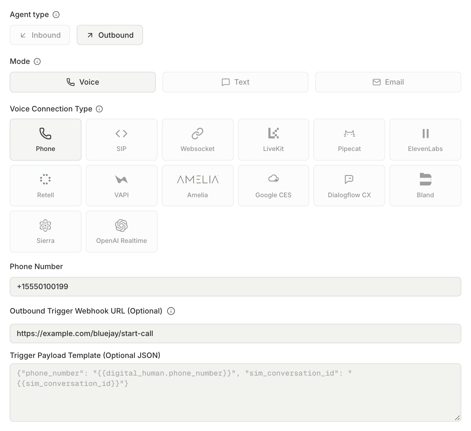 The Connect Your Agent dialog for an Outbound Phone agent, with an Outbound Trigger Webhook URL entered and the Trigger Payload Template field below it
