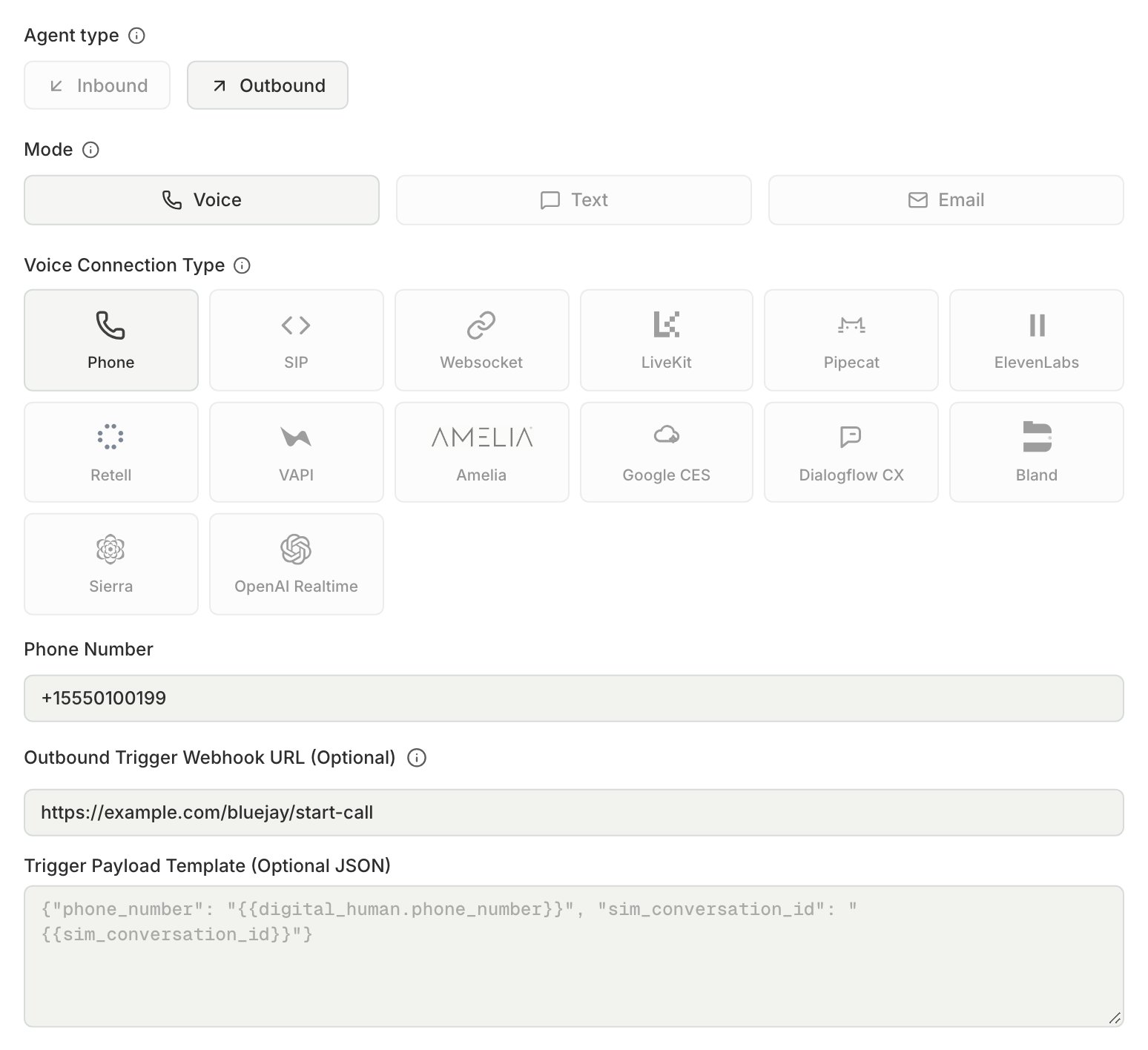 The Connect Your Agent dialog for an Outbound Phone agent, with an Outbound Trigger Webhook URL entered and the Trigger Payload Template field below it