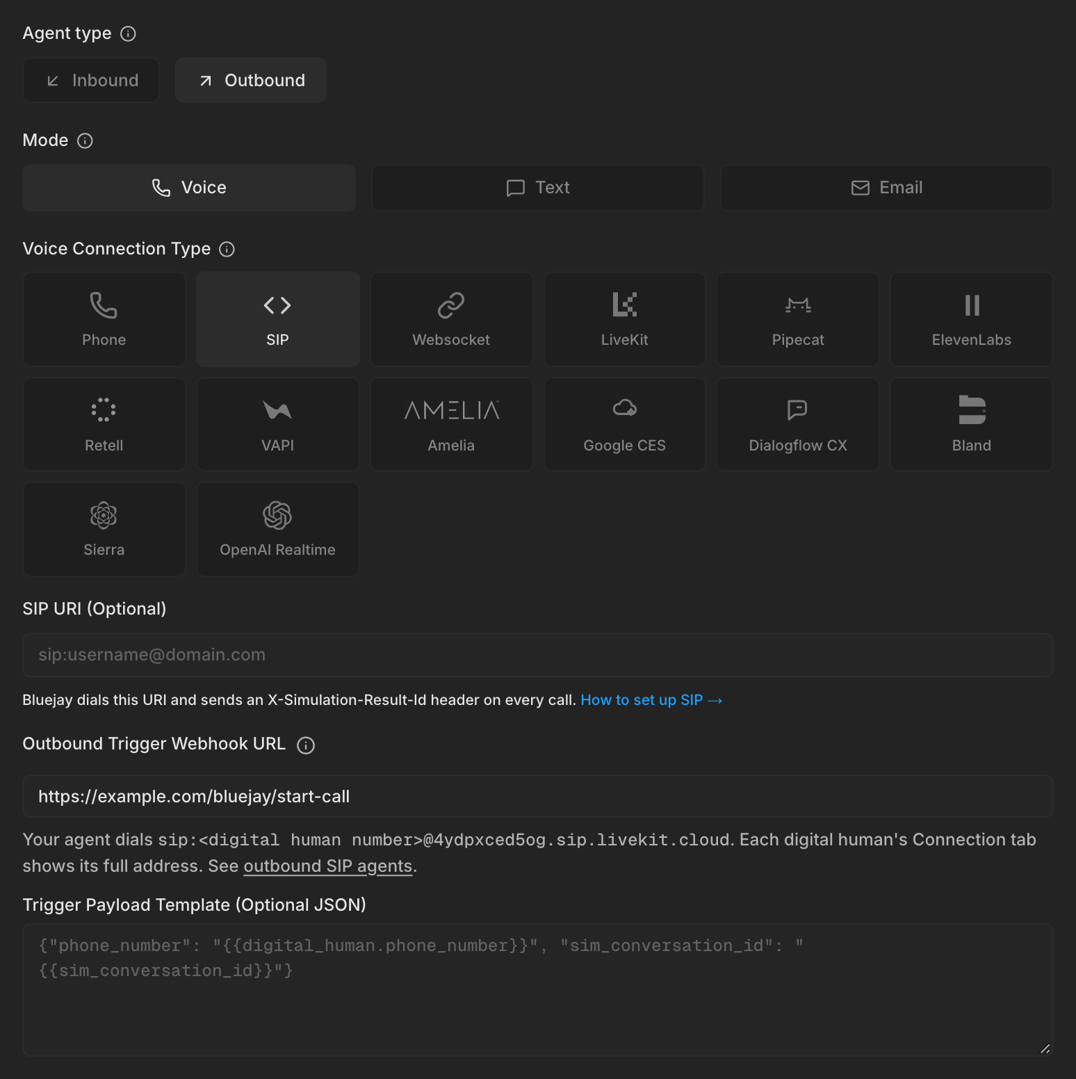 An Outbound Voice agent with the SIP connection type, an empty SIP URI, and an Outbound Trigger Webhook URL filled in