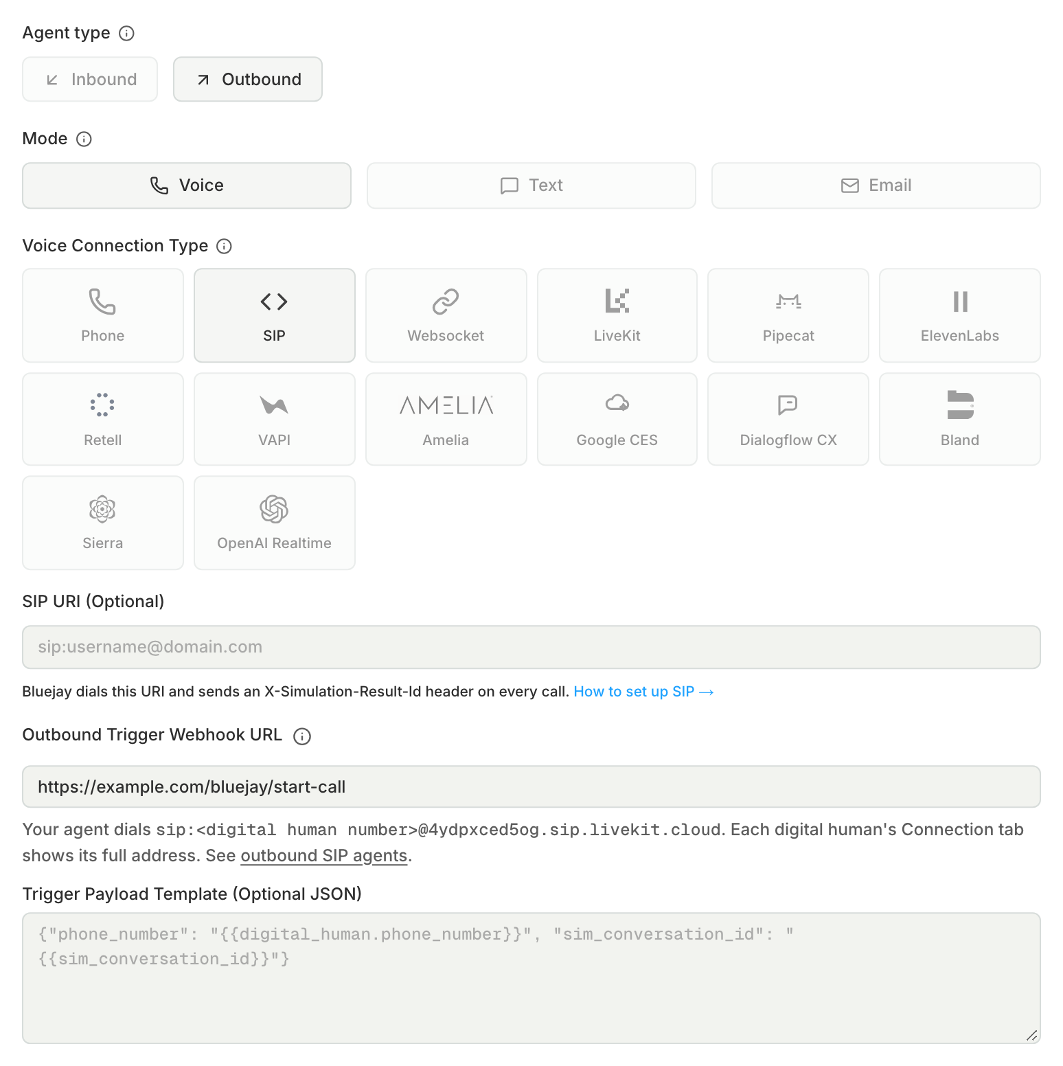 An Outbound Voice agent with the SIP connection type, an empty SIP URI, and an Outbound Trigger Webhook URL filled in