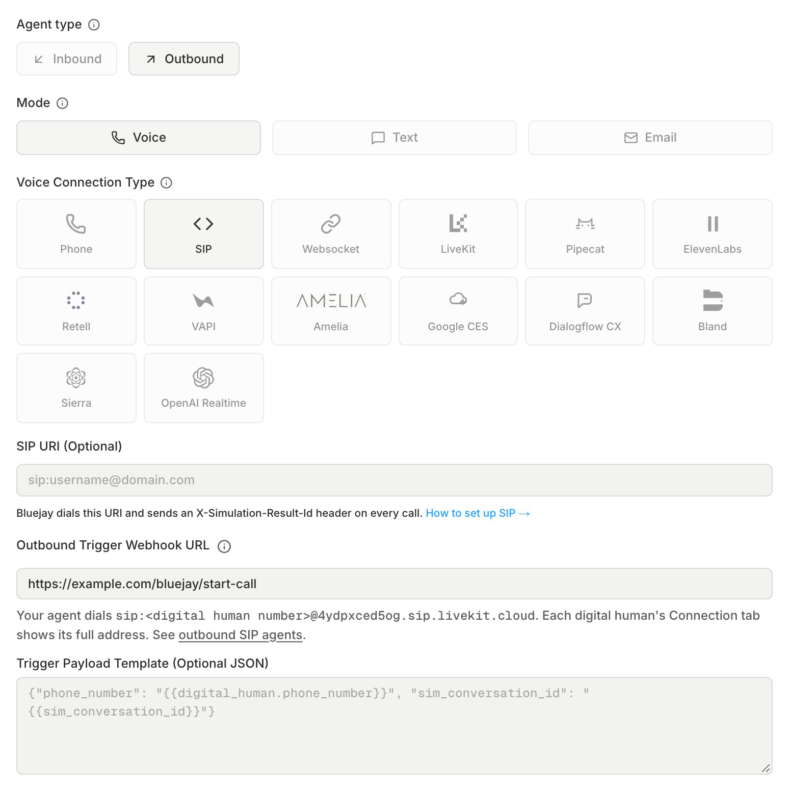An Outbound Voice agent with the SIP connection type, an empty SIP URI, and an Outbound Trigger Webhook URL filled in