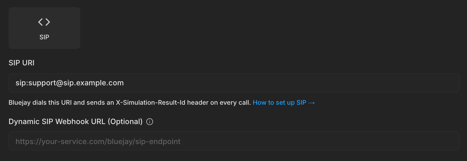 The SIP connection type with a SIP URI filled in and the dynamic webhook left empty