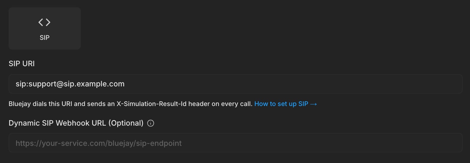 The SIP connection type with a SIP URI filled in and the dynamic webhook left empty