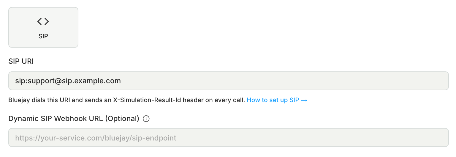 The SIP connection type with a SIP URI filled in and the dynamic webhook left empty