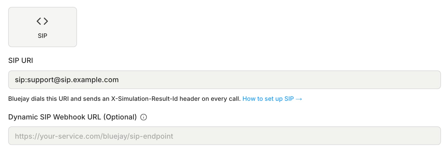 The SIP connection type with a SIP URI filled in and the dynamic webhook left empty