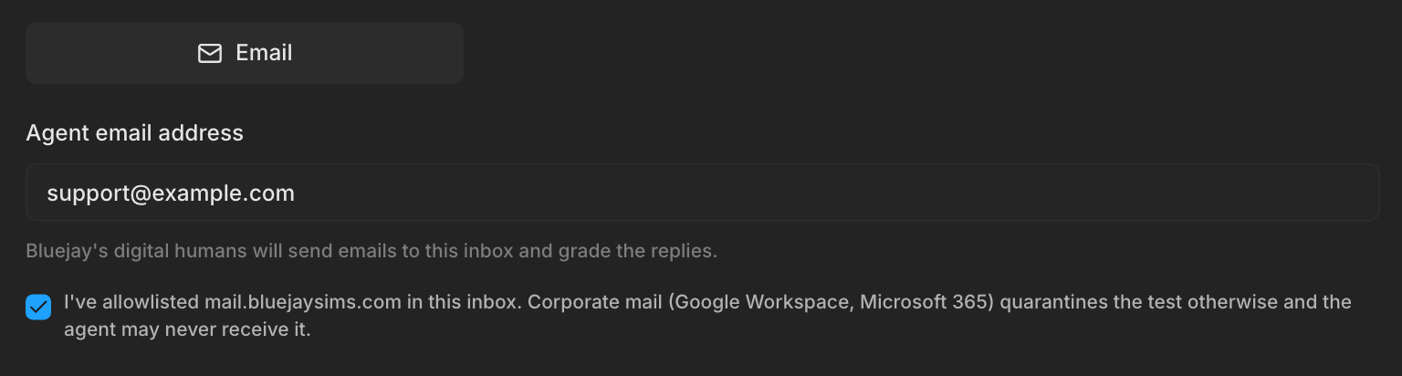 An agent email address filled in and the allowlist box checked