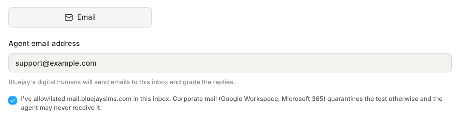 An agent email address filled in and the allowlist box checked