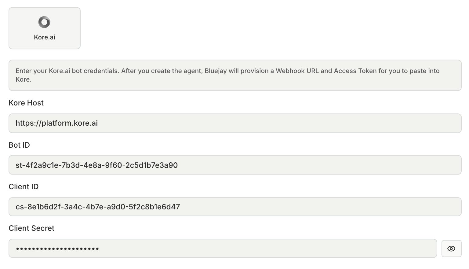 The Kore.ai connection fields with a Kore host, a bot ID, a client ID, and a client secret