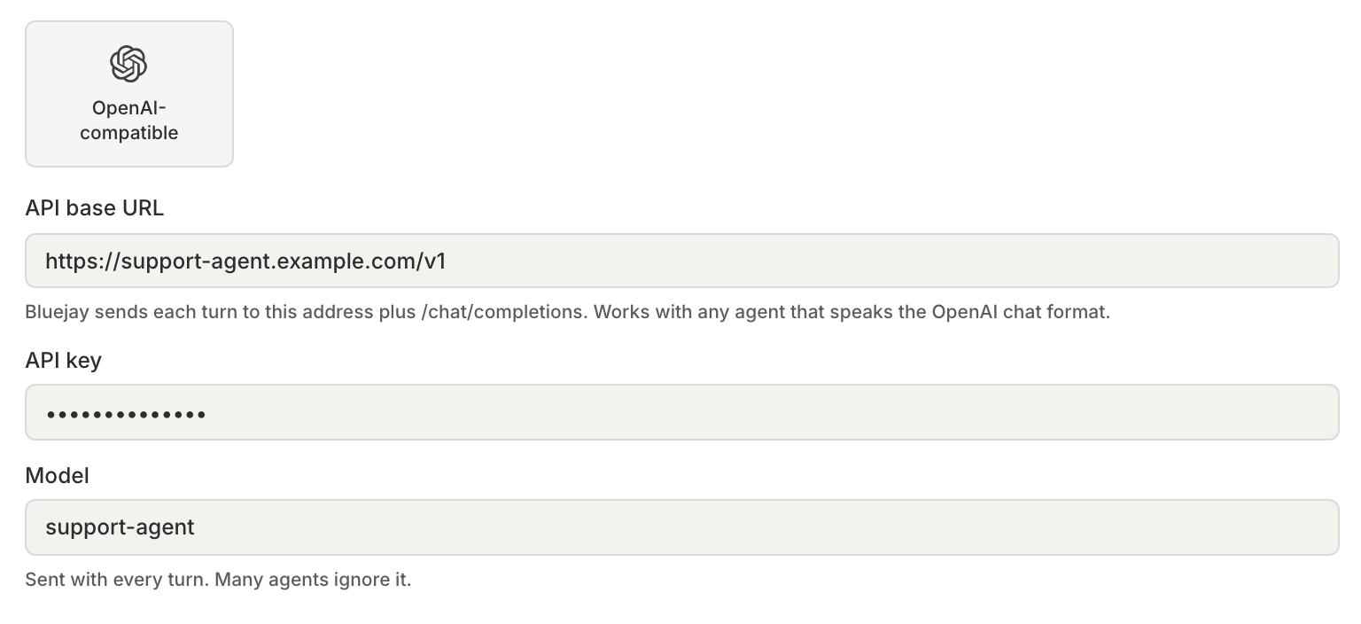 The OpenAI-compatible connection fields with an API base URL, an API key, and a model