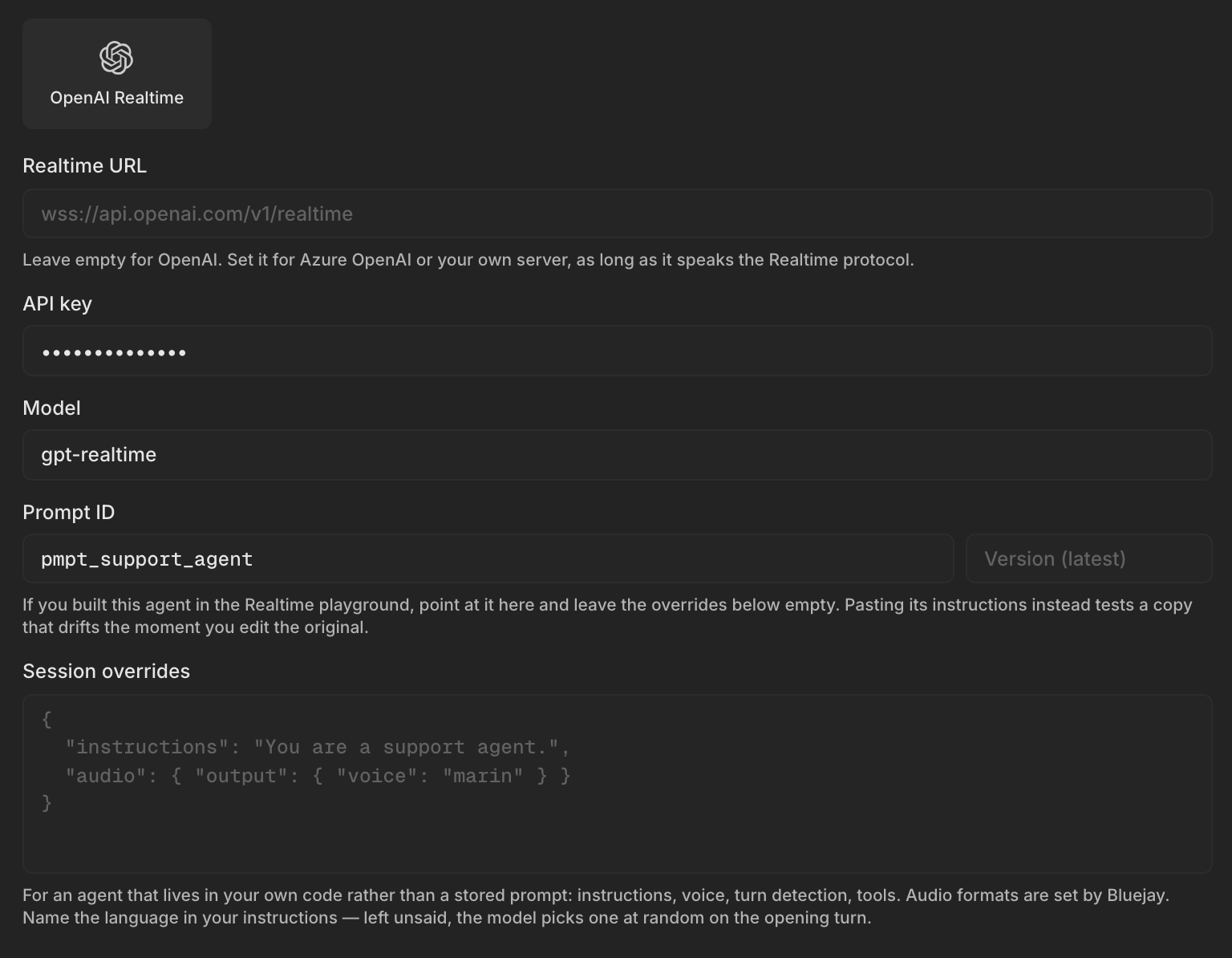 The OpenAI Realtime connection fields with an API key, a model, and a prompt ID, and the Realtime URL left empty
