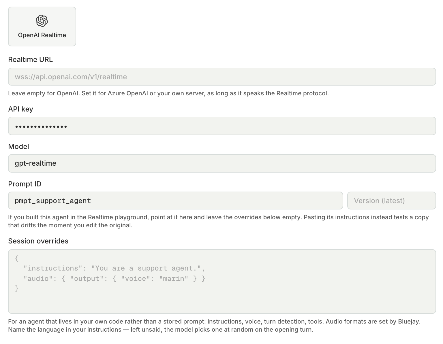 The OpenAI Realtime connection fields with an API key, a model, and a prompt ID, and the Realtime URL left empty