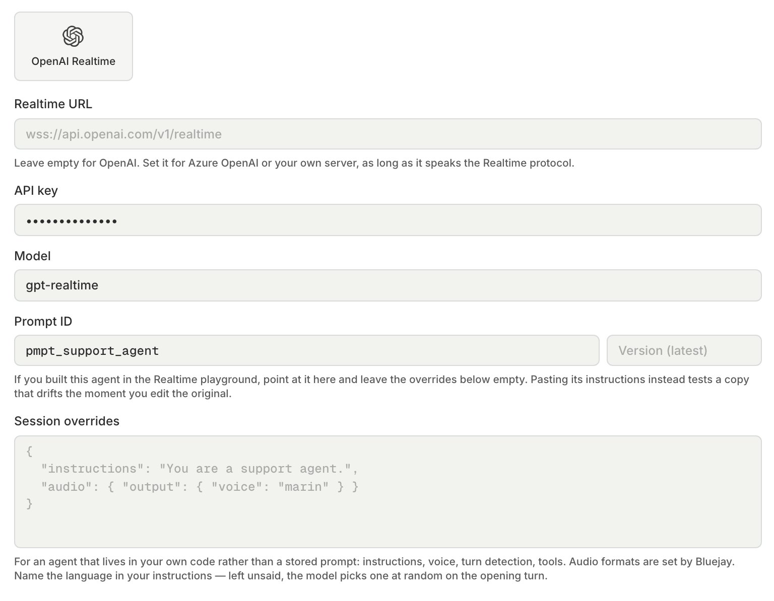 The OpenAI Realtime connection fields with an API key, a model, and a prompt ID, and the Realtime URL left empty