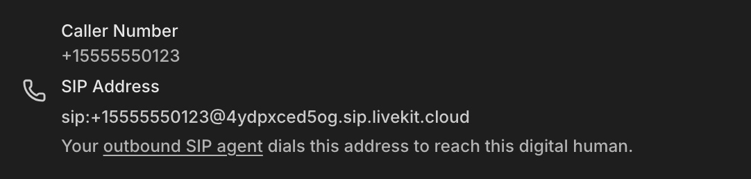 The Connection tab of a Digital Human, showing its Caller Number and the SIP Address your agent dials