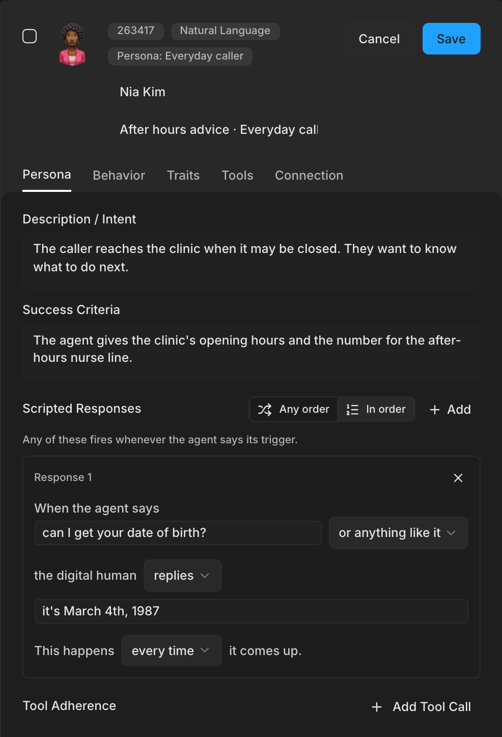 A Digital Human card open for editing on the Persona tab, with a description, success criteria, and one scripted response