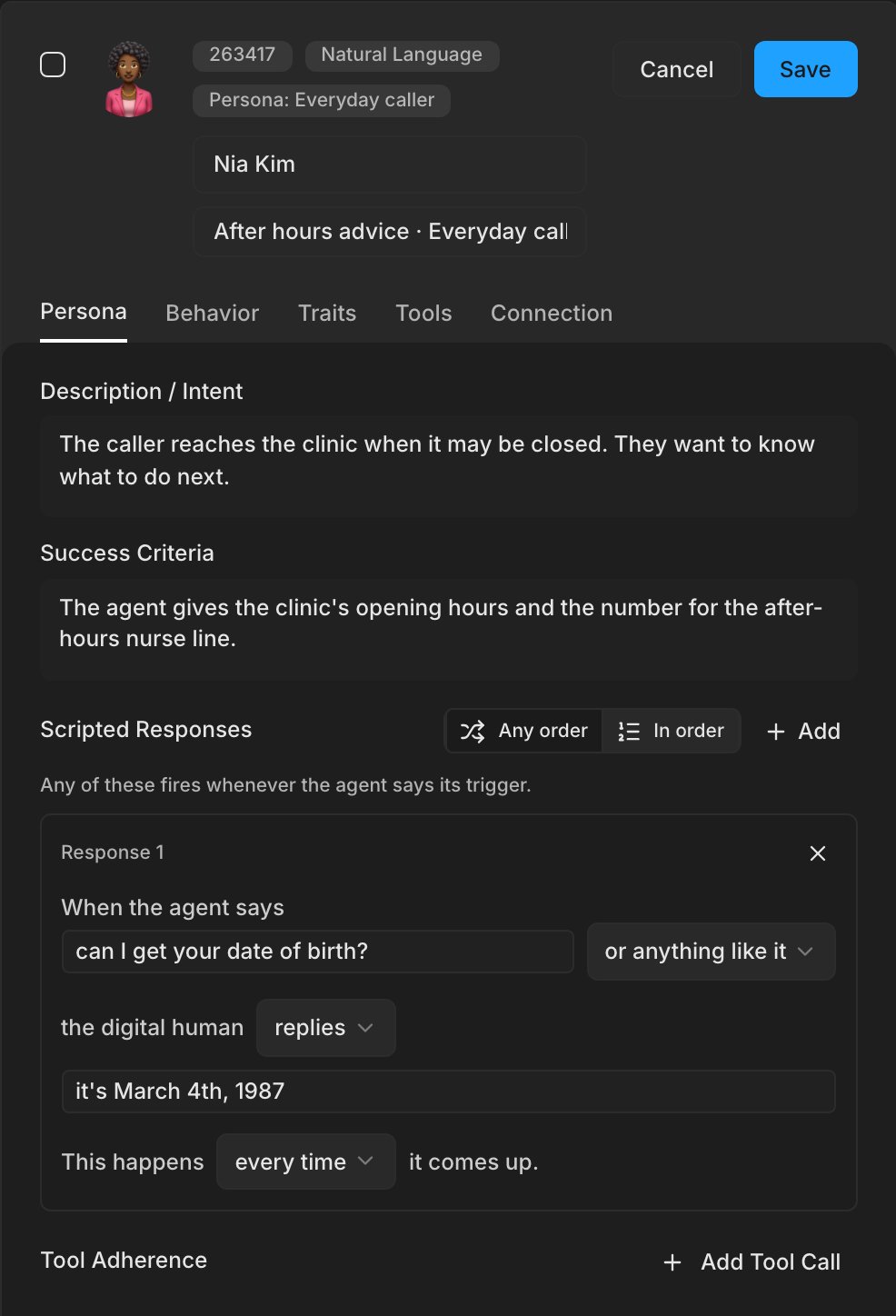 A Digital Human card open for editing on the Persona tab, with a description, success criteria, and one scripted response