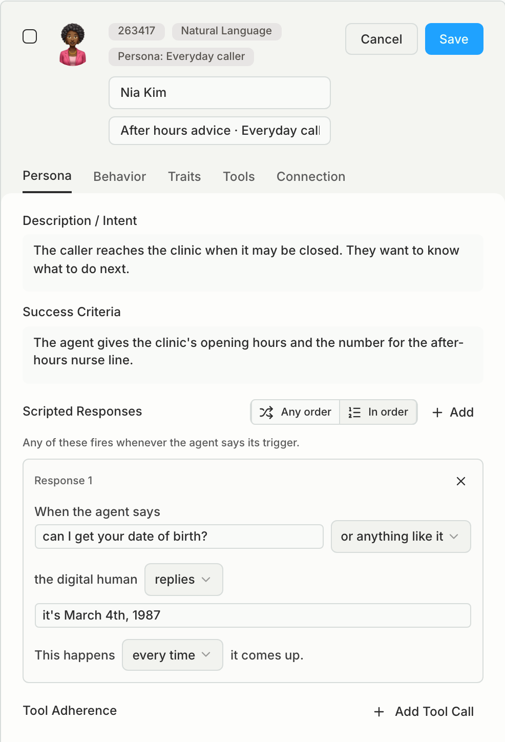 A Digital Human card open for editing on the Persona tab, with a description, success criteria, and one scripted response