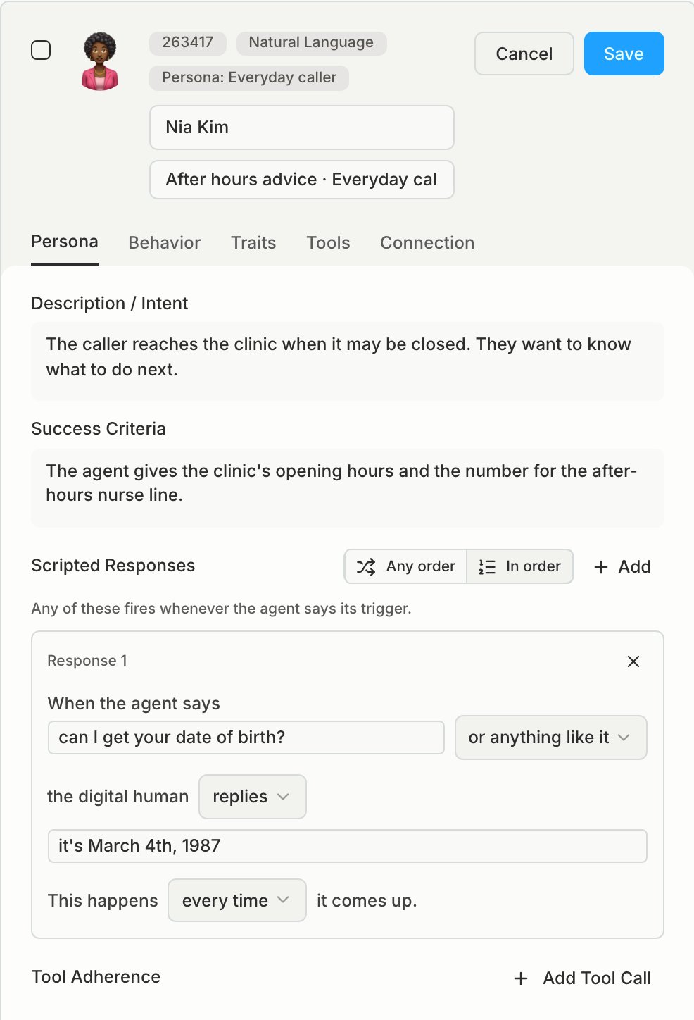A Digital Human card open for editing on the Persona tab, with a description, success criteria, and one scripted response