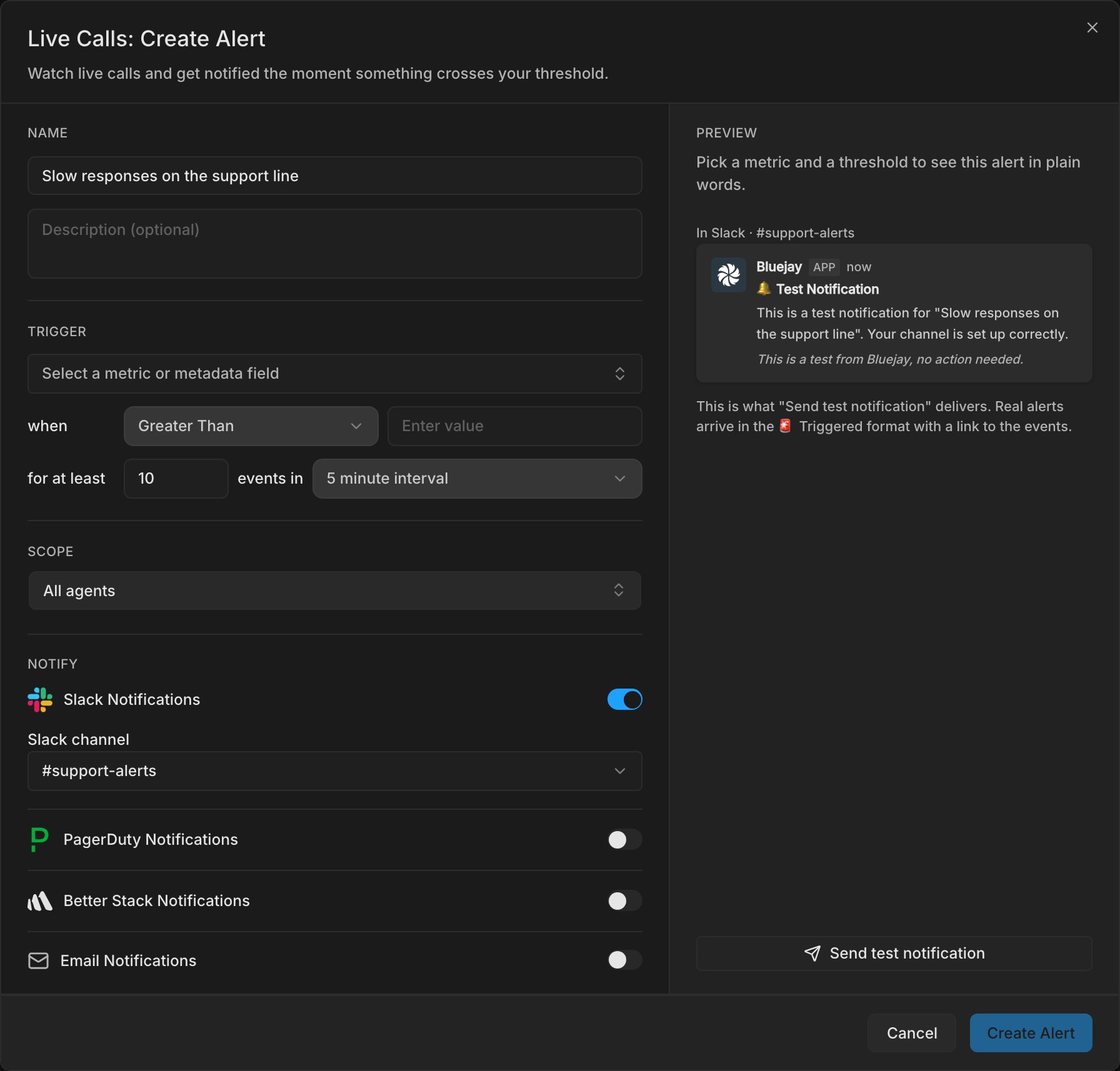 Create Alert dialog with Name, Trigger, Scope, and Notify sections, Slack Notifications on, and a Slack preview with Send test notification