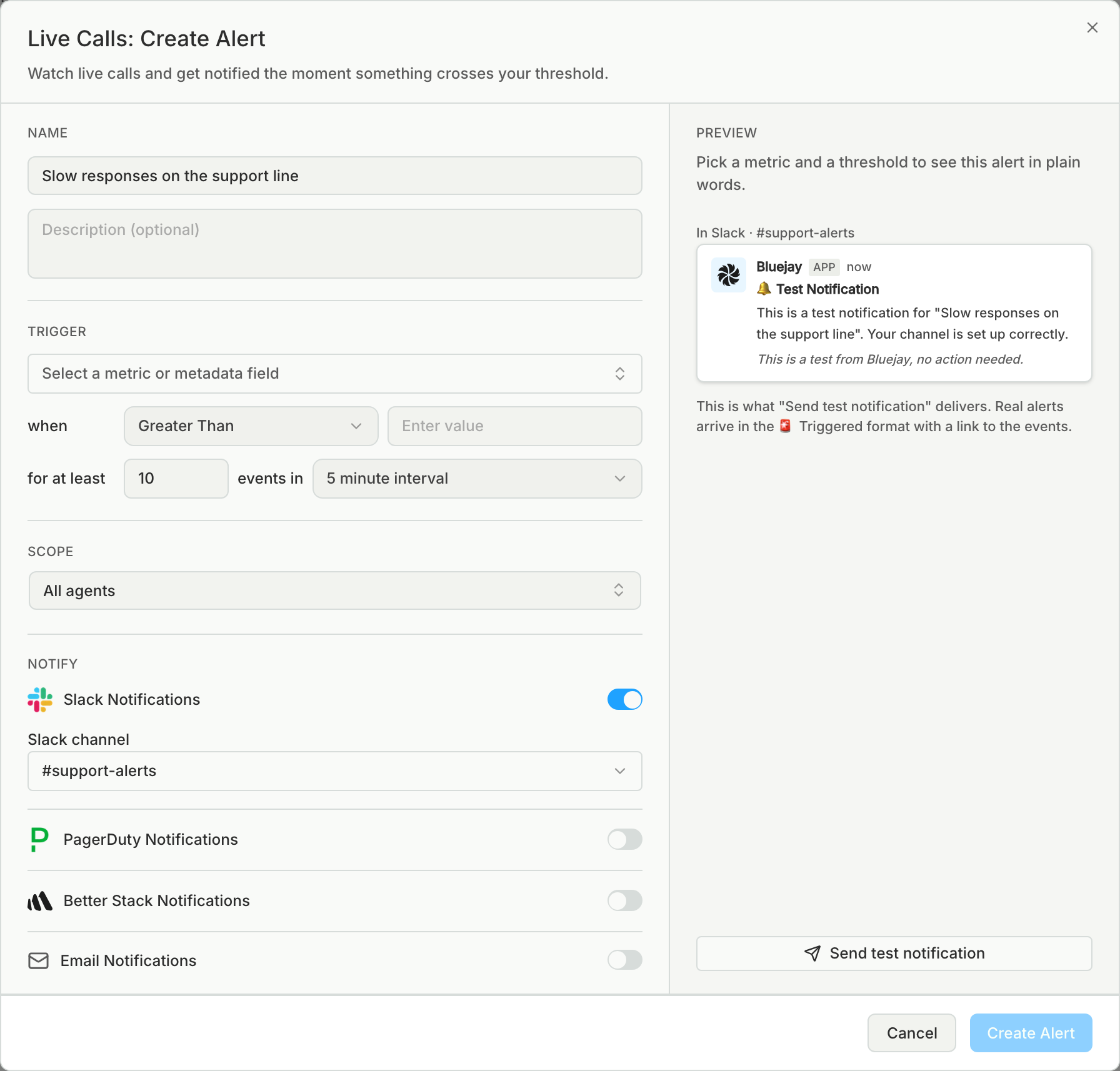 Create Alert dialog with Name, Trigger, Scope, and Notify sections, Slack Notifications on, and a Slack preview with Send test notification