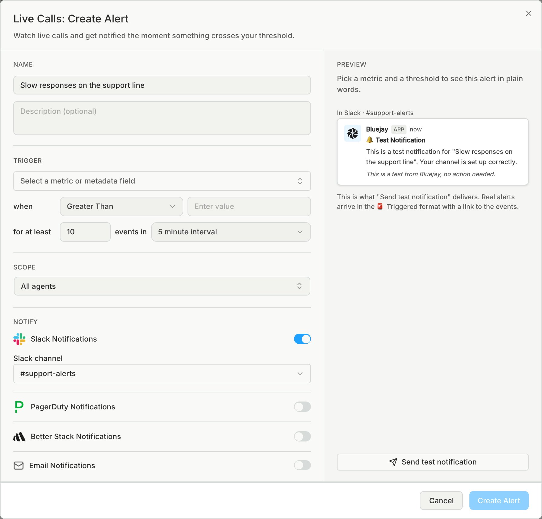 Create Alert dialog with Name, Trigger, Scope, and Notify sections, Slack Notifications on, and a Slack preview with Send test notification