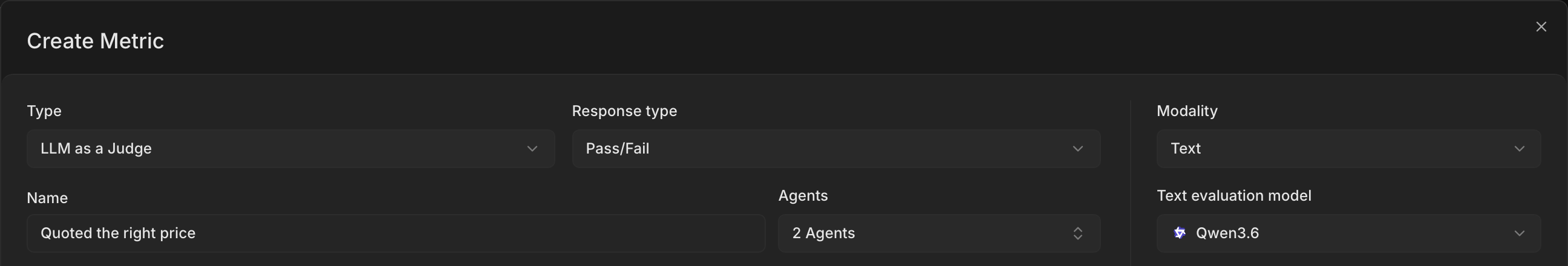 The Create Metric dialog with a Pass/Fail metric and two agents selected in the Agents field