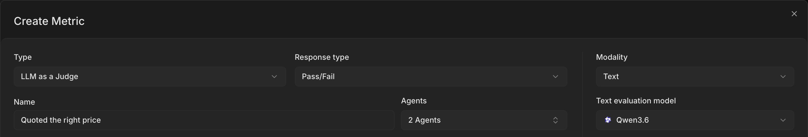 The Create Metric dialog with a Pass/Fail metric and two agents selected in the Agents field